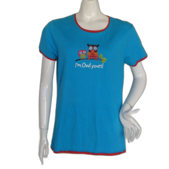 LAZY ONE Sleep Shirt, L, I'm OWL yours!, Blue, Red Ringer trim, Birds, Tree limb - Picture 1 of 9